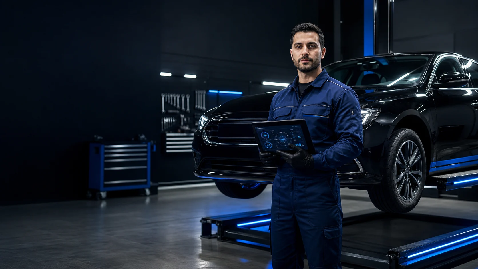 Визуальный образ AutoSyndicate с мастером и автомобилем в сервисном боксе